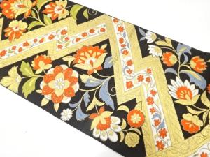 アンティーク　幾何学に花更紗模様織り出し袋帯（着用可）